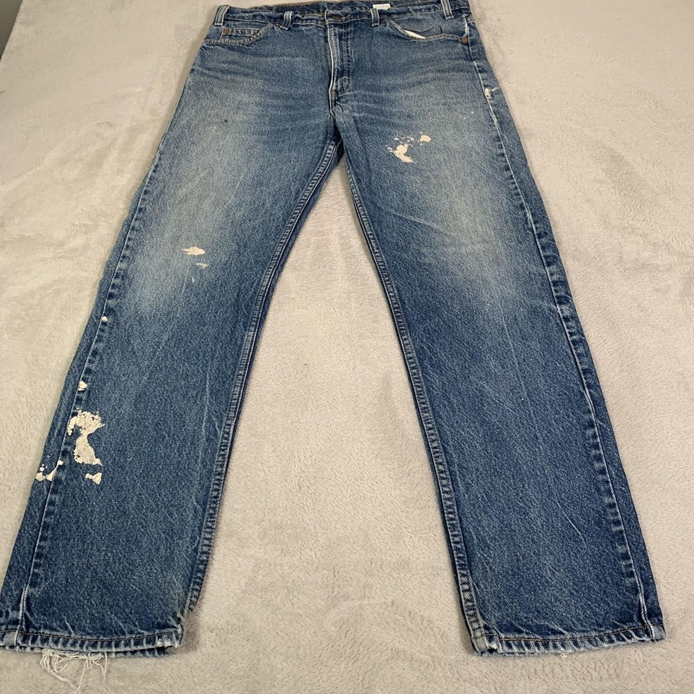 VTG Levis 505 Jeans Mens 36x31 Blue Light Wash Distressed Painter Orange Tab 90s